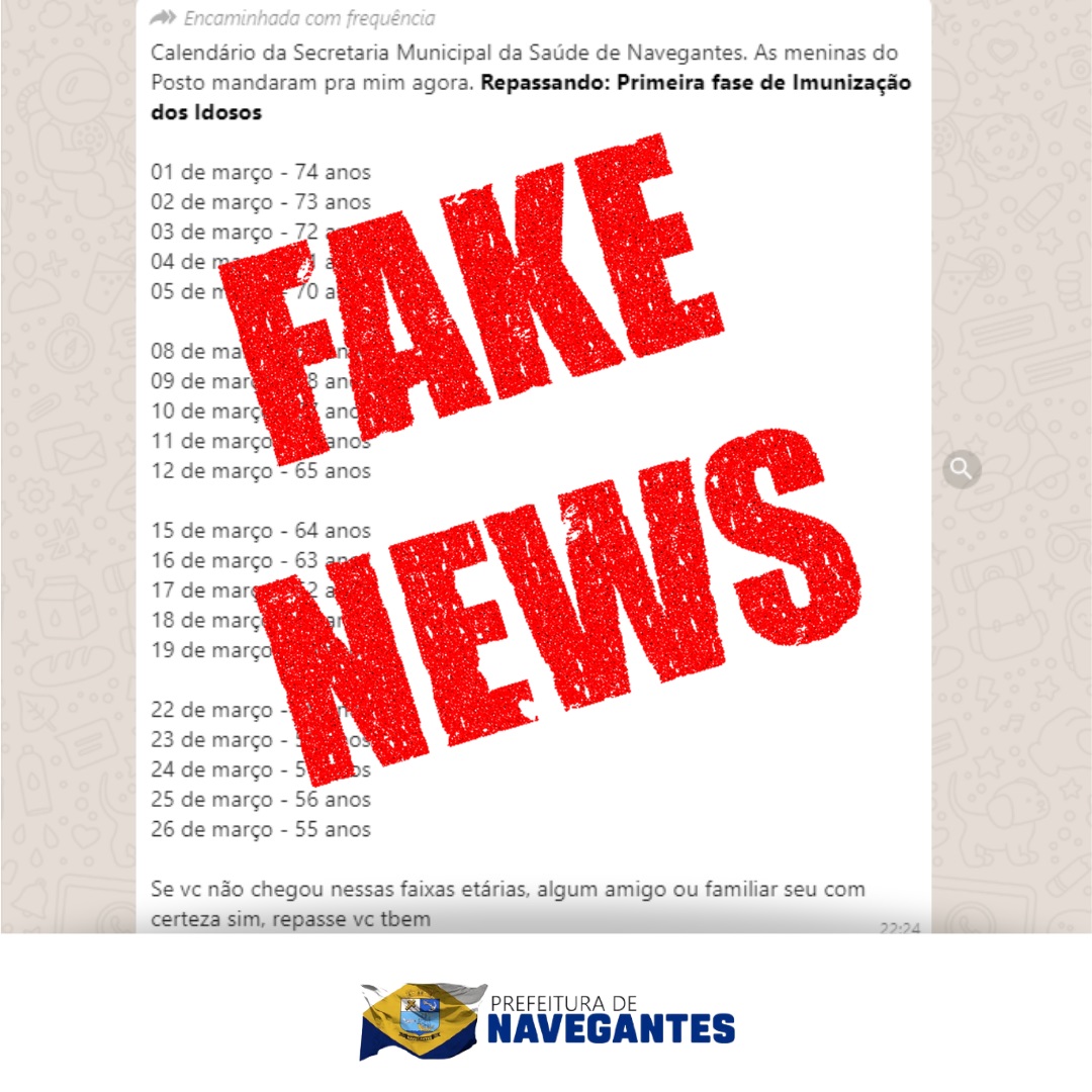 Fake News: Informação sobre calendário de vacinação contra a Covid-19 para pessoas de 55 a 74 anos é falsa