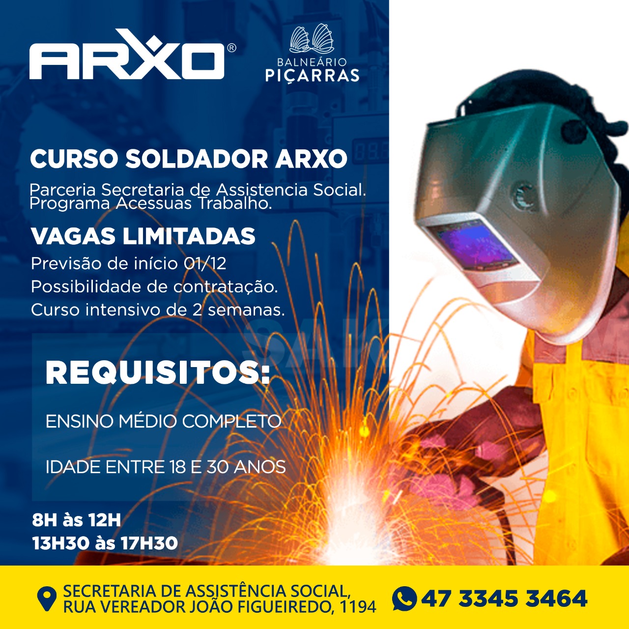 Balneário Piçarras oferece curso gratuito de soldador industrial em parceria com a Arxo
