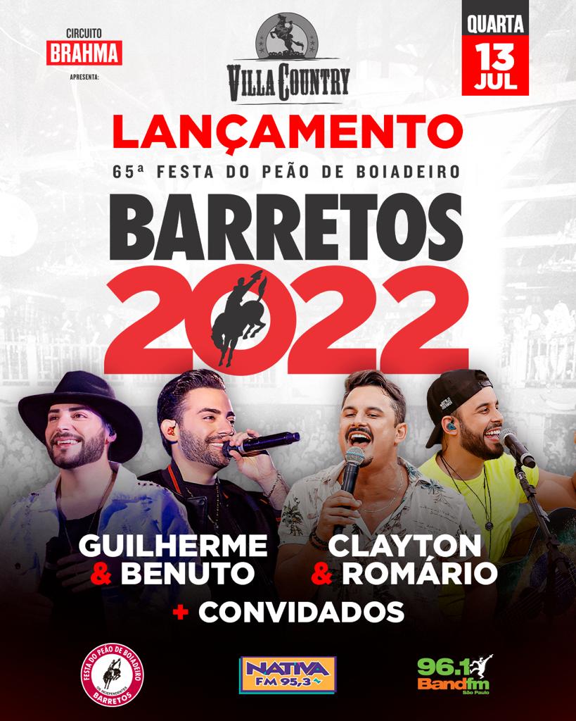 “Festa do Peão de Barretos”: terá shows com Guilherme & Benuto, Clayton & Romário e convidados no Villa Country em São Paulo